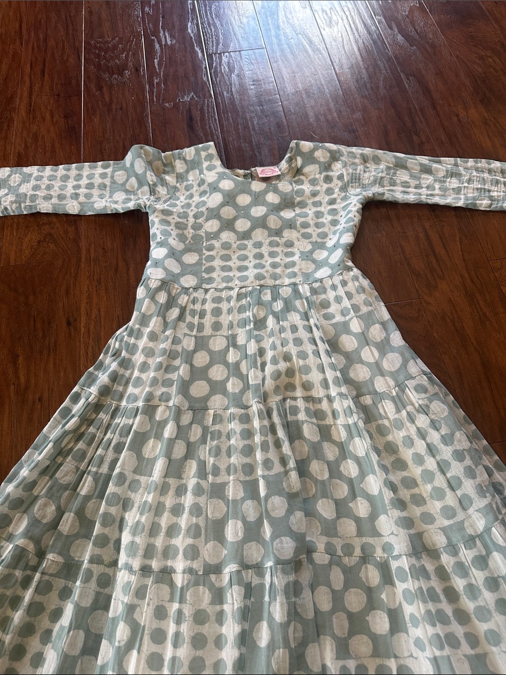 Girls' Long Sleeve Tiered Polka Dot Dress - Light Sage/White